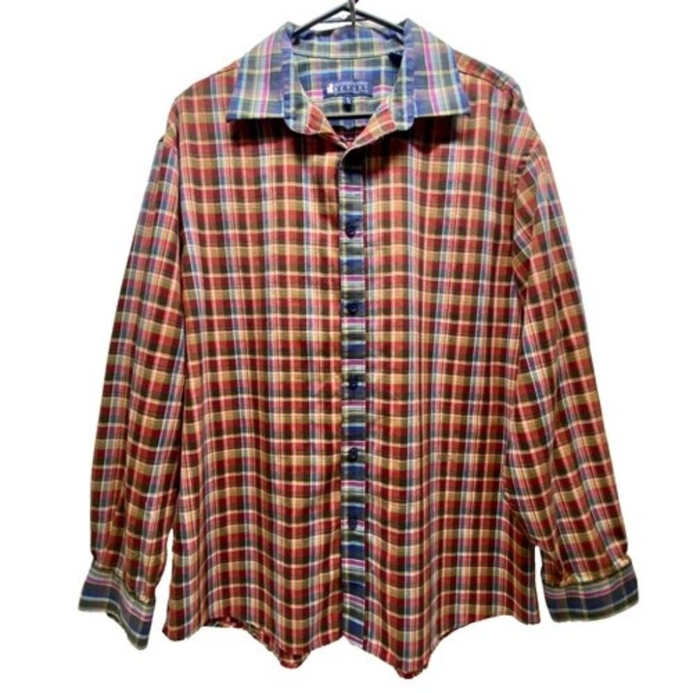 International Report Button Up Shirt‎ Men's XL Red Blue Multicolor Plaid (Read)